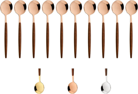 JASHII 10-pieces Stainless Steel Teaspoon Set with Wooden Handle Durable Small Spoon Coffee Ice Tea Dessert Spoon Mini 5.9-Inch Mirror - Rose Gold