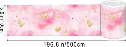 IVN Wallpaper Border Peel and Stick PVC Pink Watercolor Hearts Design 4x196 Inch for Bedroom Mirror Frame Kids Room Accent
