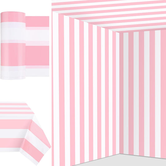 Ctosree 78.7 in x 100 ft Pink and White Striped Tablecloth Roll Plastic Stripes Table Cover Roll for Birthday Baby Shower Birthday Party Decoration (Pink and White, Striped)