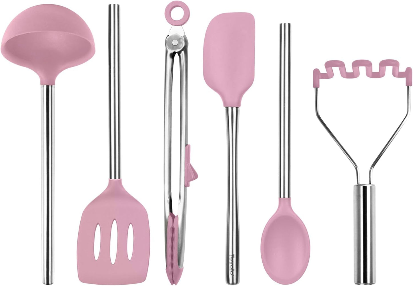 Tovolo Silicone Cooking Utensil Set of 6 Pink Sorbet Ladle Slotted Turner Tongs Flex Core Spatula Scraper Mixing Spoon and Potato Masher, Dishwasher Safe BPA Free Silicone Kitchen Utensils