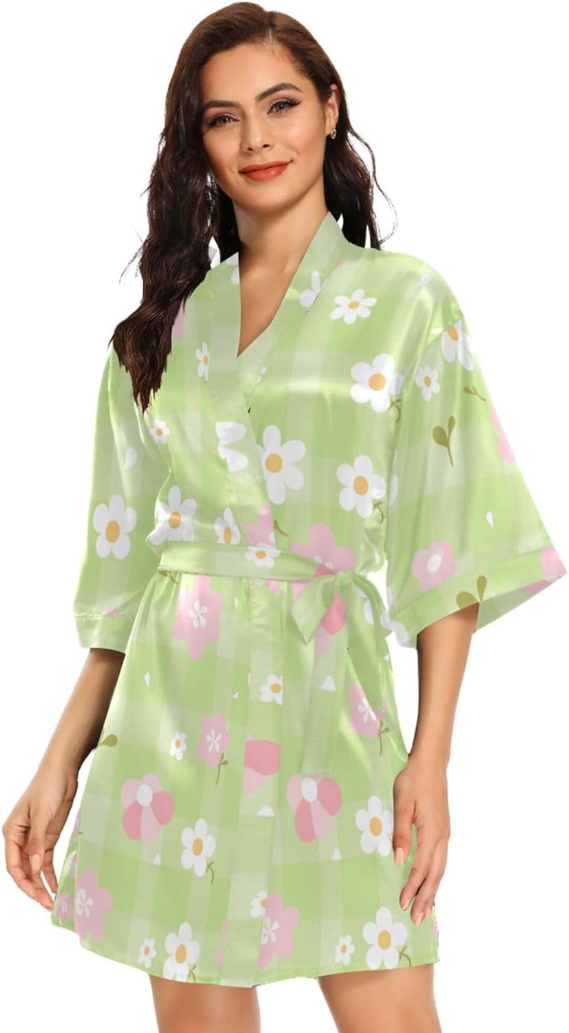 Pink White Check Cute Women's Kimono Robes, Dressing Gown Nightwear Skin-friendly Bridesmaid Robe