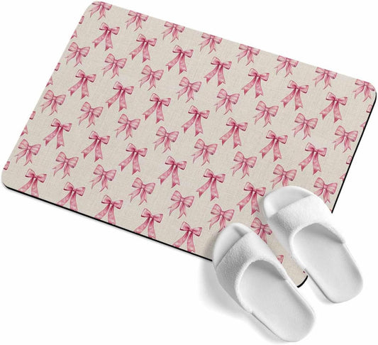 Vintage Pink Bow Bath Stone Mat, Super Absorbent Diatomite Shower Mat, Beige Retro Art Aesthetic Quick Drying Non-Slip Stone Mats for Bathroom Kitchen Counter Easy to Clean 24"x36"