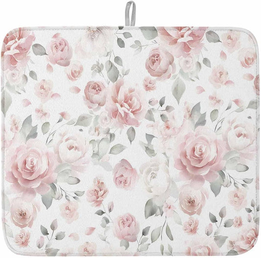 Light Pink Flowers Dish Drying Mat for Kitchen Counter Gray Leaf Spring Floral Farm Plant Absorbent Microfiber Quick Dry Pad Non Slip Drainer Mats 16x18 Inch, 1 Pack