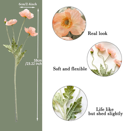Artificial Flowers 5Pcs Poppies Flowers Artificial Silk Flowers for Home Office Wedding Outdoor Decor (Coral)