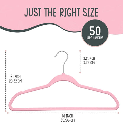 TechZoo 50 Premium Kids Velvet Hangers - 14" Non-Slip Clothes Hangers for Kids & Preteens - Ultra Slim, Space-Saving, Strong & Durable Hangers with 360° Swivel Hook - Pink