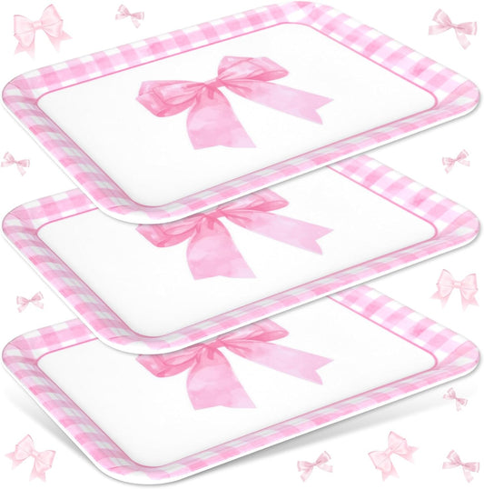 JarThenaAMCS 3Pcs Pink Bow Serving Trays 13 x 10 Inch Watercolor Ribbon Bow Knot Reusable Platter Pink White Plaid Serving Dishes for Coquette Birthday Wedding Baby Shower Party Decor