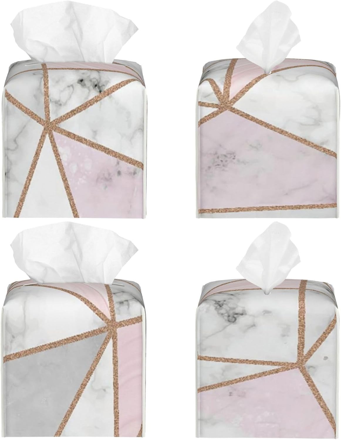 Square Tissue Box Cover, Geometric Marble Pink Stripes Surface Blocks Cracked Pattern Lines PVC Cube Holder with Bottom-Loading for Bathroom, Kitchen & Office