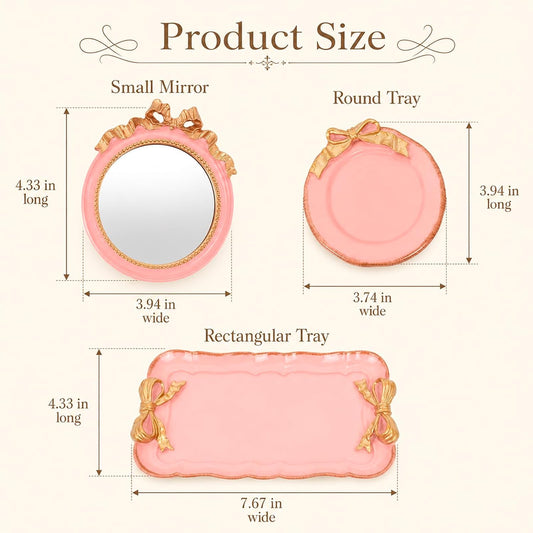 Perfume Tray Coquette Room Decor - 3 Pcs Decorative Jewelry Tray & Bow Makeup Mirror, Cute Jewelry Organizers, Aesthetic Hoom Decor for Room Bathroom Dorm, Vintage Gifts for Women, Pink