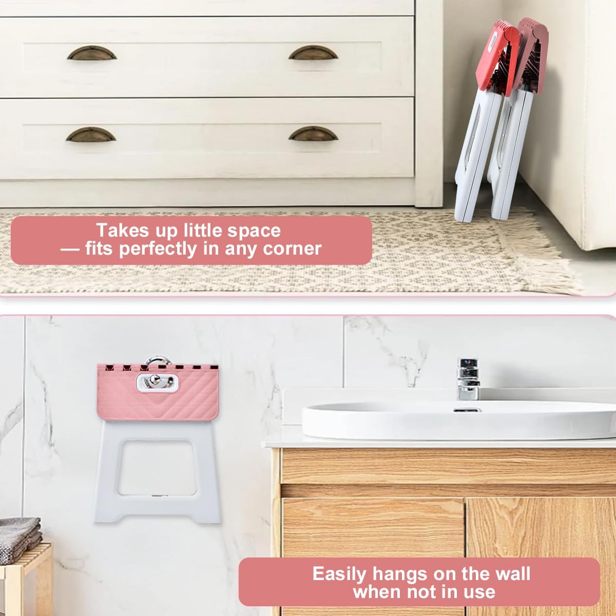 Folding Step Stool, Bathroom Stool, Plastic Pink Stepping Stool for Living Room, Compact Fold Up Step Stool, Small Kitchen Foot Stool
