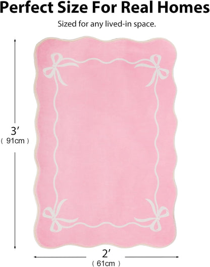 Bow Rugs for Entryway 2X3, Solid Pink Rug for Bedroom Girls, Machine Washable Small Indoor Door Mat, Soft Low Pile Non Slip Cute Scalloped Rug for Kitchen Bathroom Entrance Nursery Dorm