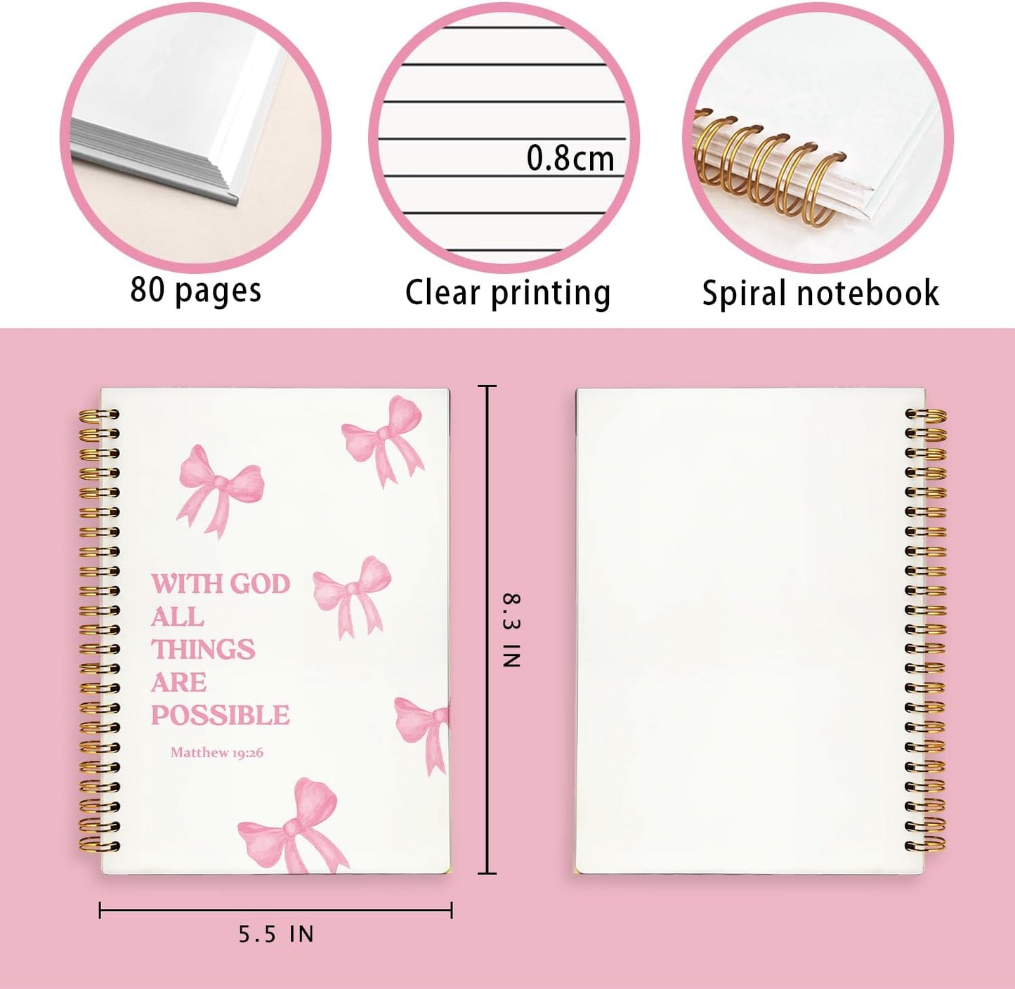 Bible Journal for Women, Christian Gifts for Women Girls, Prayer Bible Study Supplies Journaling Notebook, Cute Preppy daily devotional, Coquette Pink Bow Hardcover Spiral Notebook 5.5 x 8.3