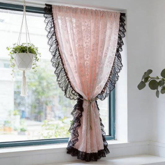 Princess Pink Floral Sheer Curtain Panels with Black Ruffled Lace Trim | Romantic Vintage Floral Knitted Lace Window Curtain Rod Pocket Light Filter Voile Drapes for Girl Bedroom Cafe Small Window