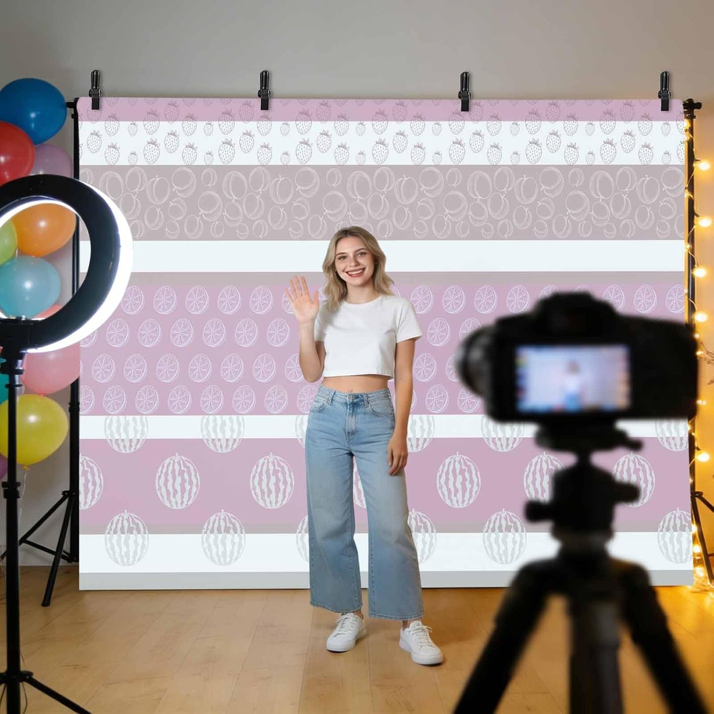 Farm Fruits Backdrop Background for Photography, Watermelon Lemons Peach Pink Grey Striped Photo Backdrop Curtains Fabric Backdrops for Photoshoot Birthday Baby Shower Wedding Party 12x8Ft