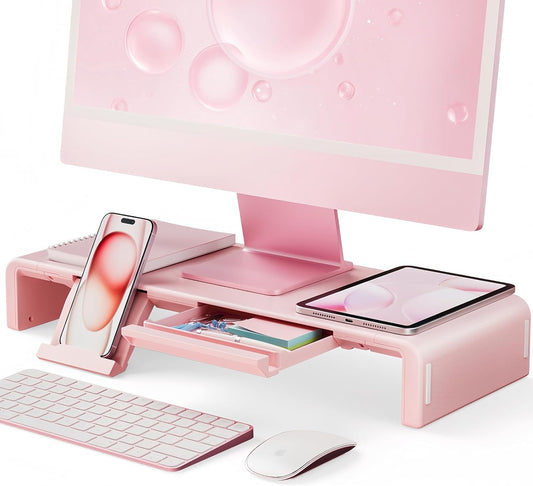 Pink Monitor Stand Riser, Klearlook Foldable, Height Adjustable Computer Stand, Desk Shelf Riser with Storage Drawer &Tablet Phone Stand for Desktop, Laptop