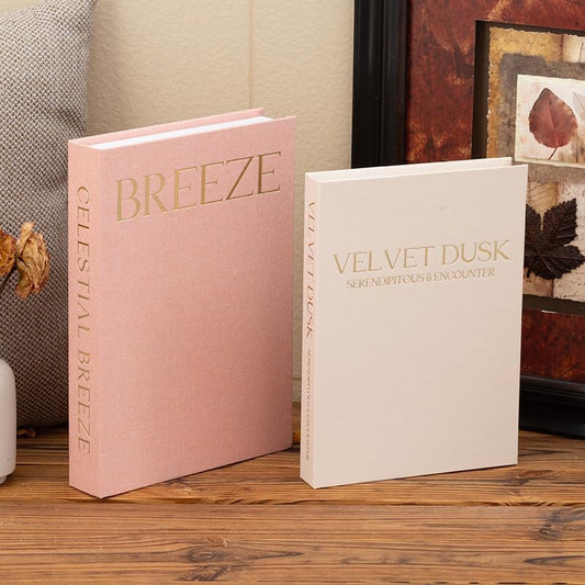 Linen Magnetic Fake Book Storage Box Set of 2 - Decorative Book Prop, Hidden Storage Box, Coffee Table TV Stand Decor (Large & Small) (cherry blossom pink + milky yellow)
