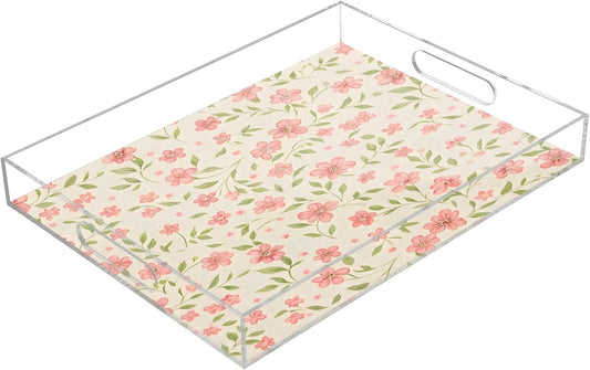 Watercolor Flowers Pink Serving Tray 12" x 16" Acrylic Trays with Handles Decorative Serving Platter for Coffee, Breakfast in Bed, Dinner, Appetizers, Patio, Party