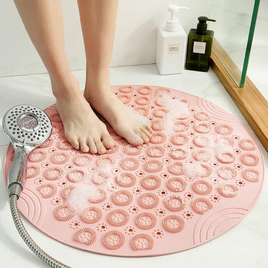 Shower Mat, Round Shower Stall Mat, PVC Bathtub Mat, Non Slip Bath Mat with Suction Cups and Drain Holes, Machine Washable for Bathroom Bathtub Swimming Pool(21.65in,Pink)