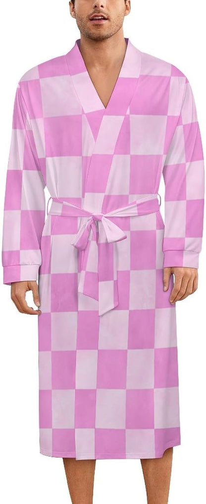Sleepwear Robe for Women Men - Pink Checker Print Lightweight Kimono Bathrobe with Tie Belt