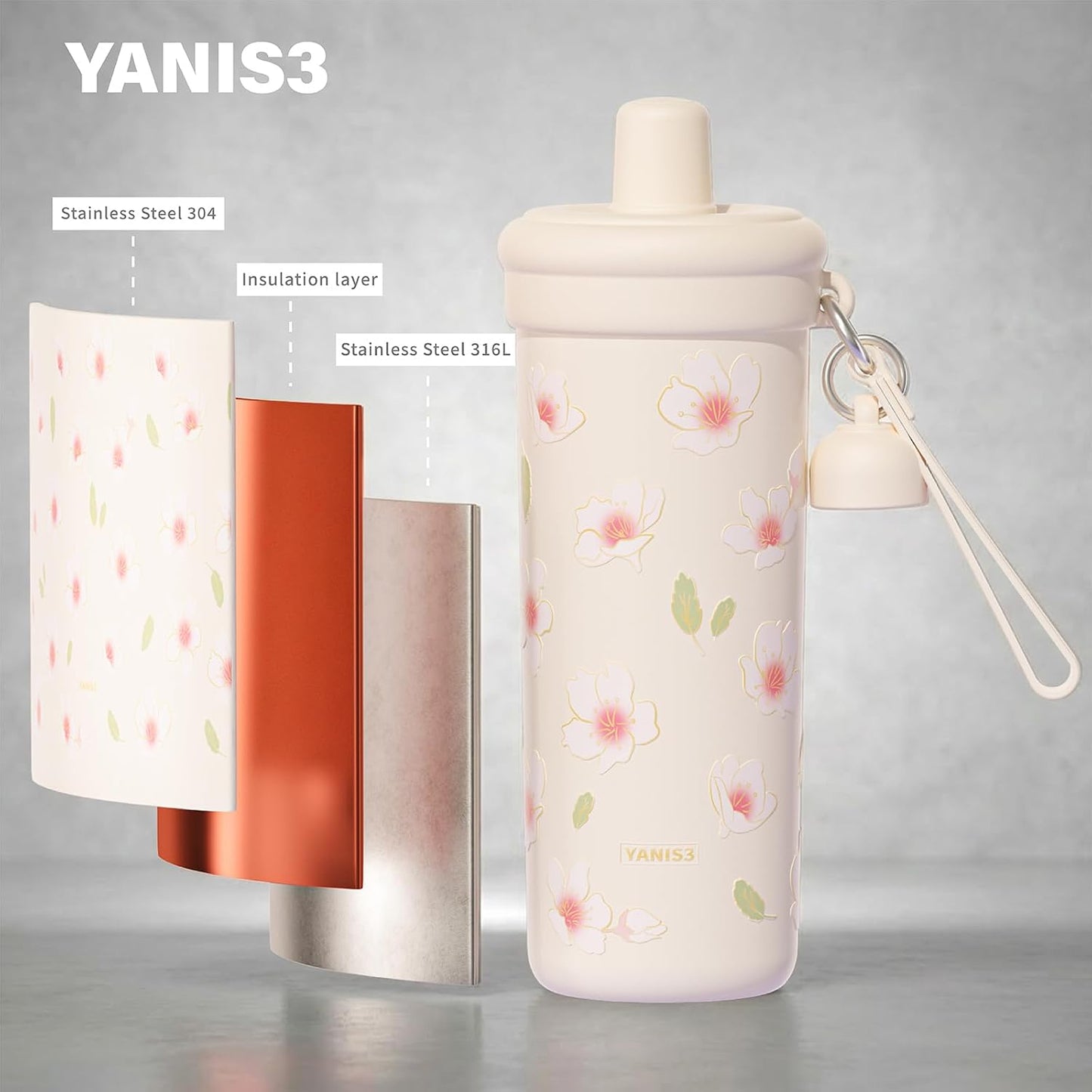 20 oz Thermo Cup with Straw, Thermal Insulated Car Cups with Hand Strap, Stainless Steel Cups with Leak-Proof Lid, Insulated Tumbler Ideal for Office, Travel and Outdoor Use (Peach Blossom)