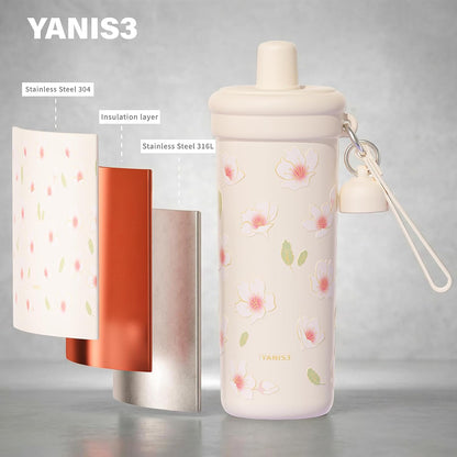20 oz Thermo Cup with Straw, Thermal Insulated Car Cups with Hand Strap, Stainless Steel Cups with Leak-Proof Lid, Insulated Tumbler Ideal for Office, Travel and Outdoor Use (Peach Blossom)