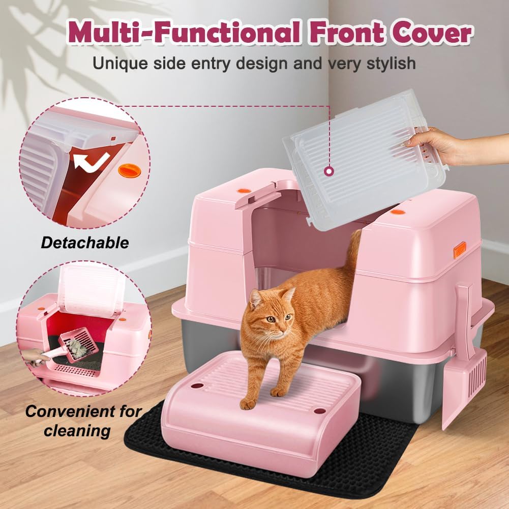 Vivifying Pink Stainless Steel Covered Cat Litter Box – Odor-Control, Easy-Clean Modular Enclosed Kitty Toilet, Elegant Design for Stylish Cat Moms