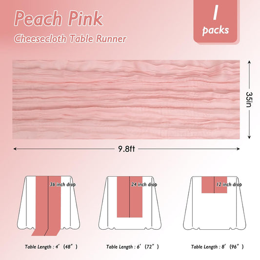 3 Pack Peach Pink Cheesecloth Table Runner 120 Inch 10FT Cheese Cloth Fabric Runners for Baby Shower, Valentine's Day, Wedding Decoration, Birthday Party