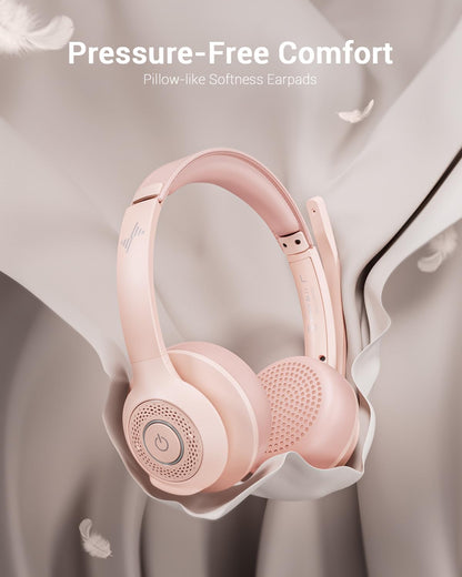 JIAMQISHI Wireless Headset with AI Noise Cancelling Microphone Bluetooth Headset - Bluetooth V5.2 Headphones with USB Dongle & Mic Mute for Computer/Laptop/PC/iPhone/Android/Cell Phones (Pink)