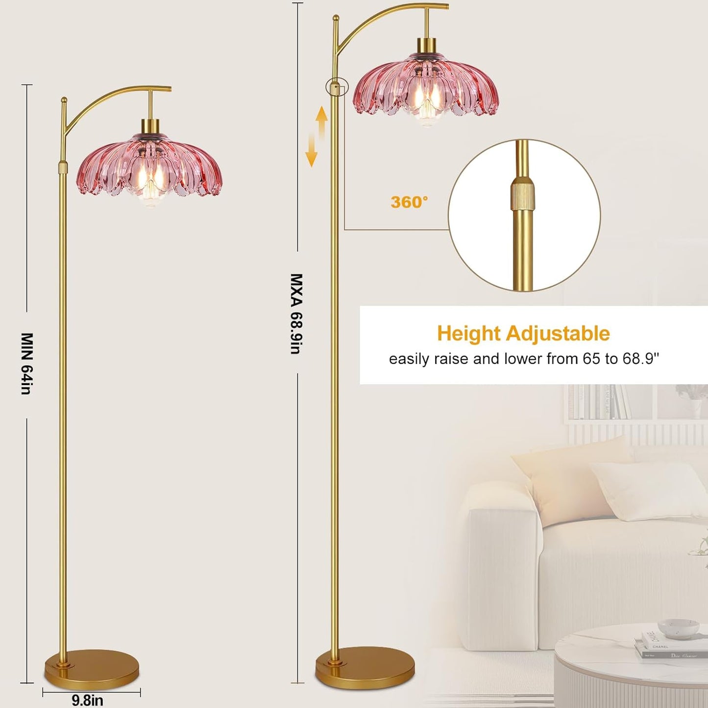 QIYIZM Pink Floor Lamp for Living Room,Bedroom,Gold Dimmable Standing Lamp with Remote,Mid Century Modern Brass Tall Lamp Boho Floor Lamps Arc Stained Glass Flower Floor Light Lamp Girls kids Bohemian