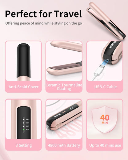 Cordless Hair Straightener,Portable Mini Flat Iron Travel for Bangs,Short Hair, Rechargeable Curling Iron and Curler 2 in 1,Pink,for Touch Ups