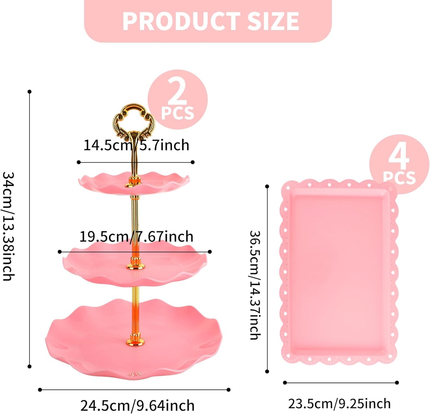 6 Pcs Cupcake Stand Set - Pink Plastic Dessert Table Display Set, 2X Pink Round 3 Tier Cupcake Display Stands Cookie Tray Rack Serving Tower & 4X 14 in Plastic Trays for Wedding Baby Shower Tea Party