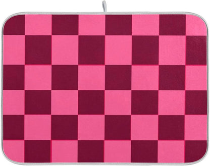 Checkered Hot Pink Dish Drying Mat for Kitchen Counter Kitchen Drying Mat Dish Rack Mat Dish Drainer Pad Microfiber Absorbent Washable Drying Pad for Countertop 16 x 18