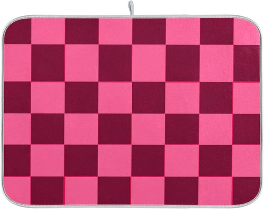 Checkered Hot Pink Dish Drying Mat for Kitchen Counter Kitchen Drying Mat Dish Rack Mat Dish Drainer Pad Microfiber Absorbent Washable Drying Pad for Countertop 16 x 18