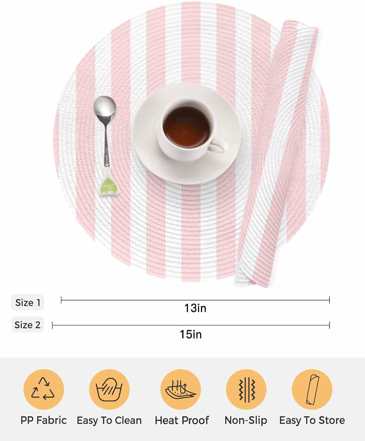 Pink Striped Round Placemats Set of 4 for Dinning Tables,Heat-Proof Braided Table Mats 13 Inch,Modern Farmhouse Pink White Stripes Washable Place Mat for Kitchen Restaurant Party Decor Table Setting