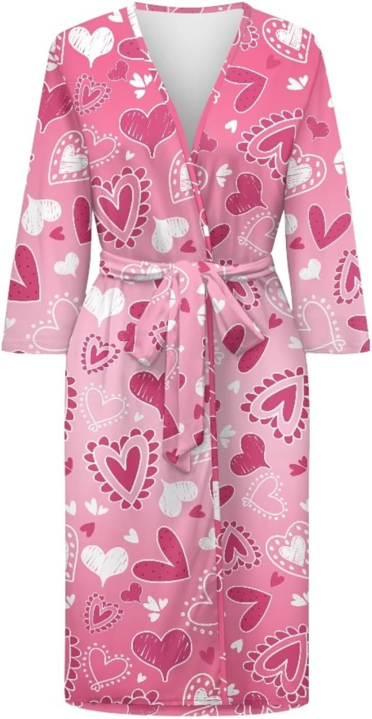 Heart Print Robe V Neck Night Shirts Breathable Bathrobe Nightgown