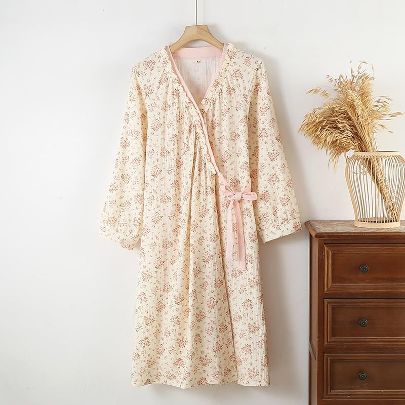 Womens Robe, Cotton Gauze 3/4 Sleeve Floral Long Bath Robe Soft Bathrobe House Coat Sleepwear
