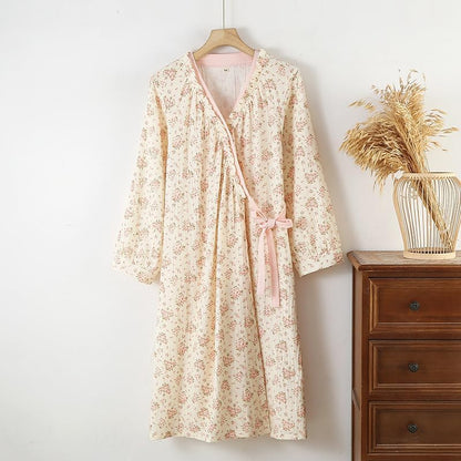 Womens Robe, Cotton Gauze 3/4 Sleeve Floral Long Bath Robe Soft Bathrobe House Coat Sleepwear