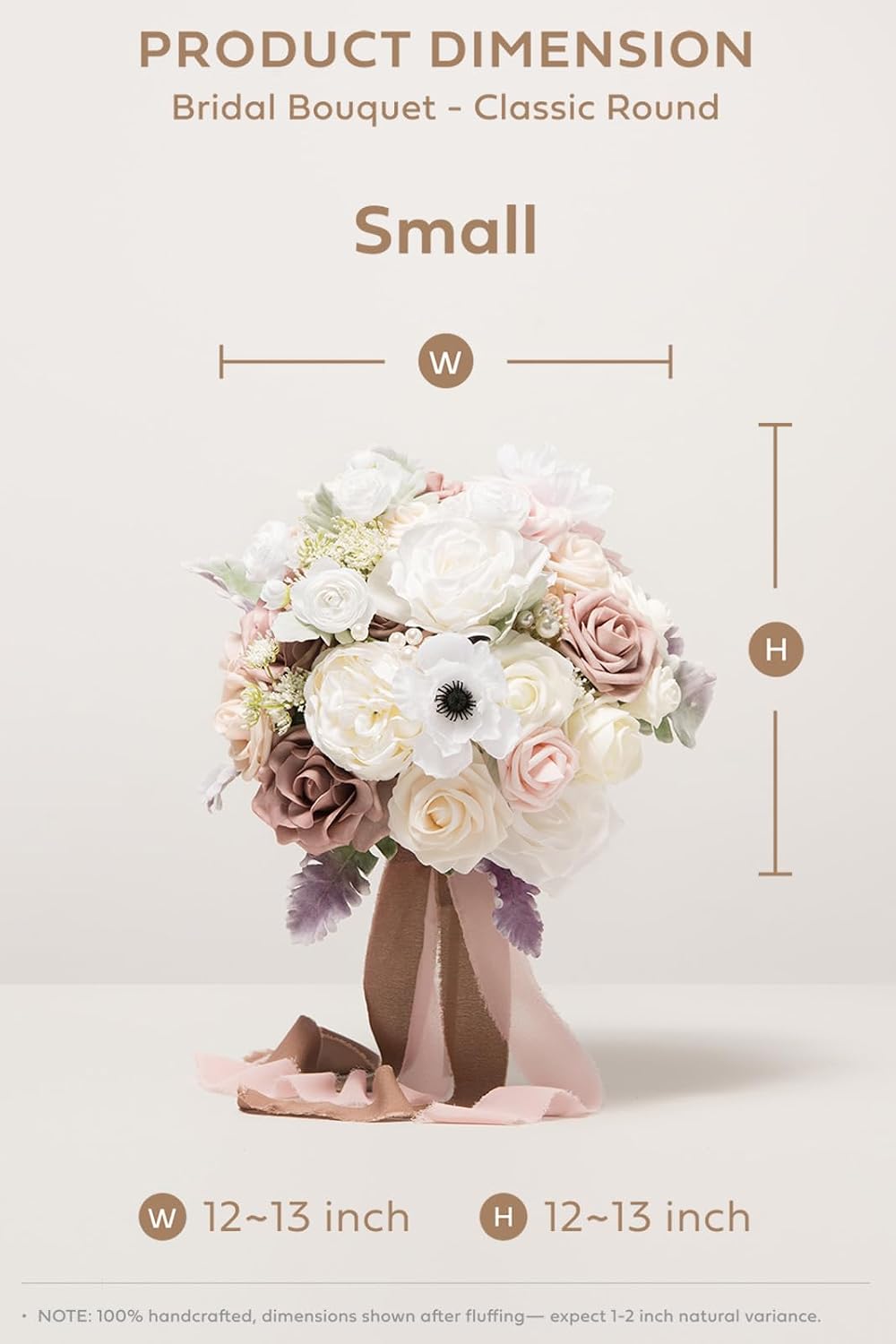 Ling's moment Dusty Rose Bridal Bouquet for Bride, Blush Pink Wedding Bouquets for Bride, 13 Inch Silk Round Artificial Wedding Flowers Bouquets