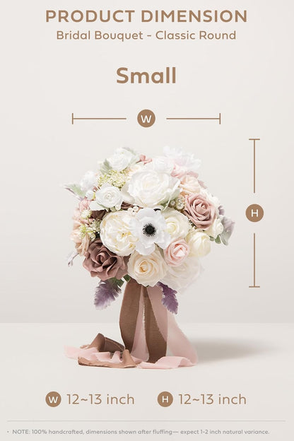 Ling's moment Dusty Rose Bridal Bouquet for Bride, Blush Pink Wedding Bouquets for Bride, 13 Inch Silk Round Artificial Wedding Flowers Bouquets