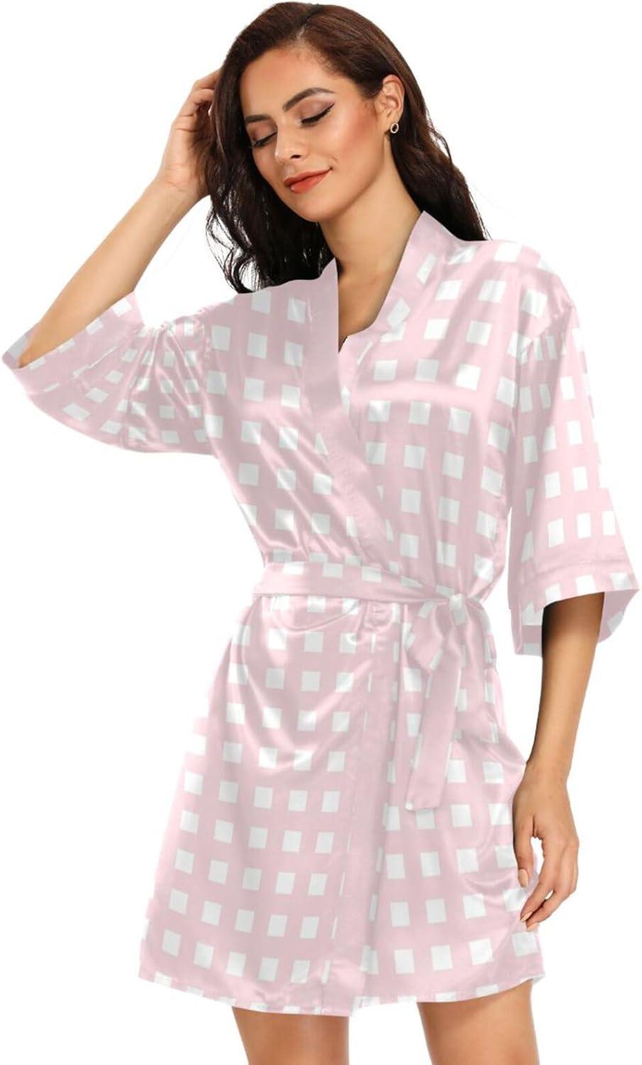 Pink Checkered Pattern Woman's Bathrobe with Pockets Boxer Bathrobe for Swim Party
