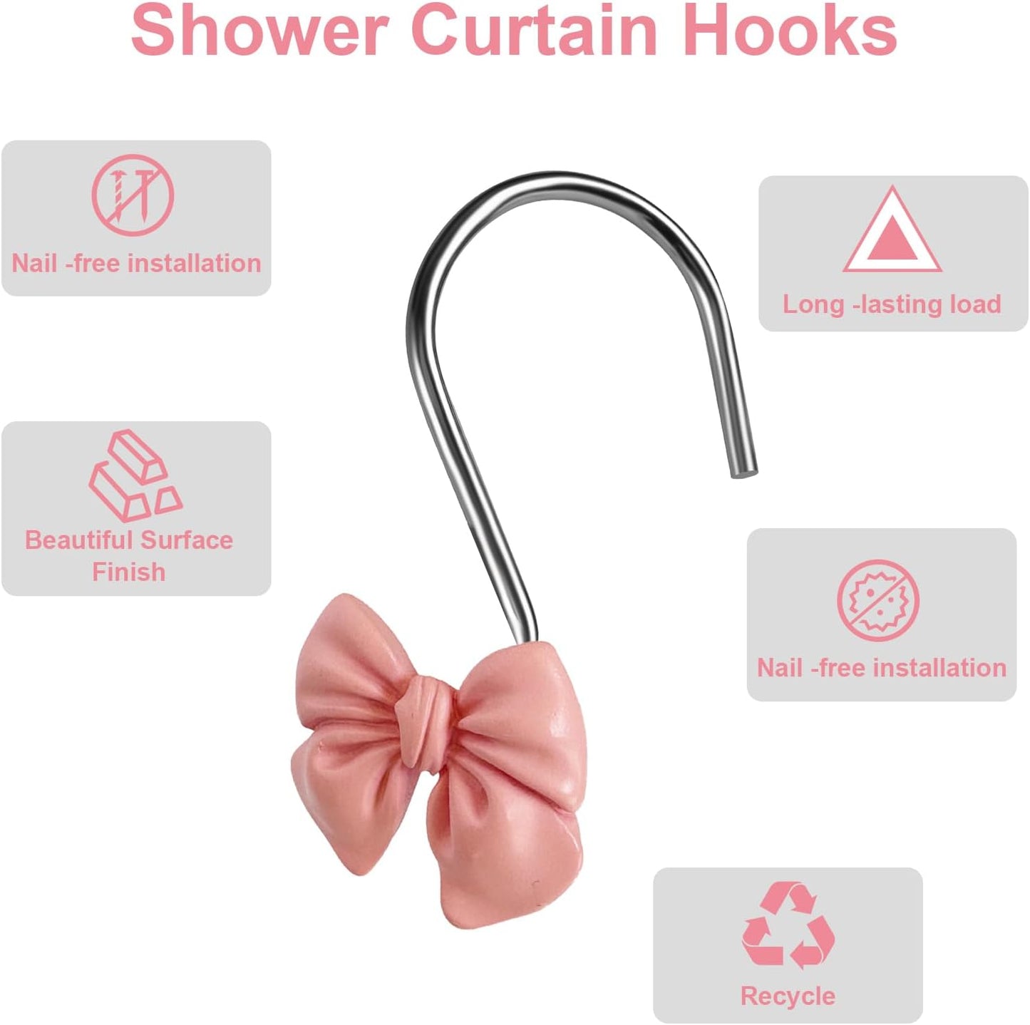 Bow Tie Decorative Shower Curtain Hooks, Pink Bow Knot Shower Curtain Ring Hanger for Bathroom Baby Kids Room Rustproof