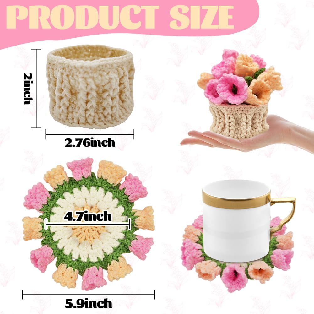 Crochet Coasters with Knitted Flowers: Completed Bar Coaster Flower Pot for Office Coffee Table Home Decor (Pink Lily of The Valley)
