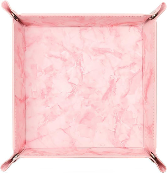 Valet Tray Desktop Storage Organizer – Vegan Leather Catchall Bedside Vanity Tray Nightstand Caddy Holder for Remote Controller, Watch, Keys, Phone, Wallet, Coin, Jewelry, Marble Pink