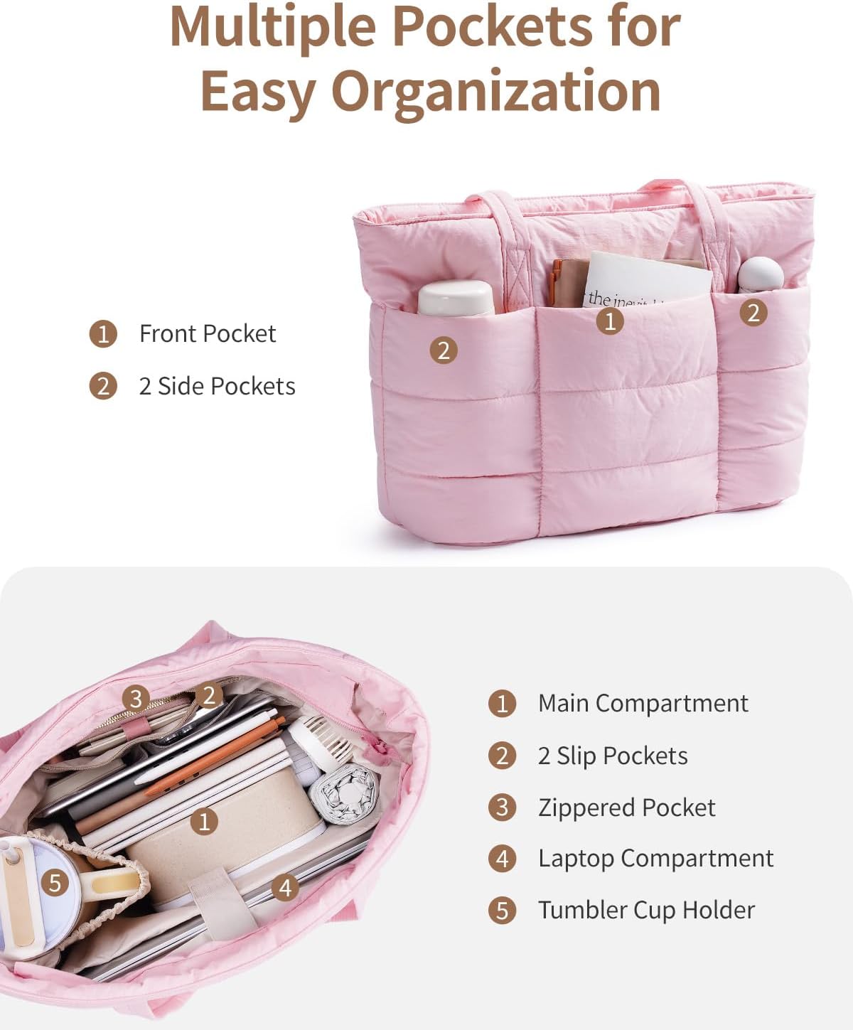 Narwey Nylon Puffer Tote Bag for Women, Puffy Work Nurse Teacher Tote Bag, Quilted Shoulder Bag for Travel, Gym, Gifts