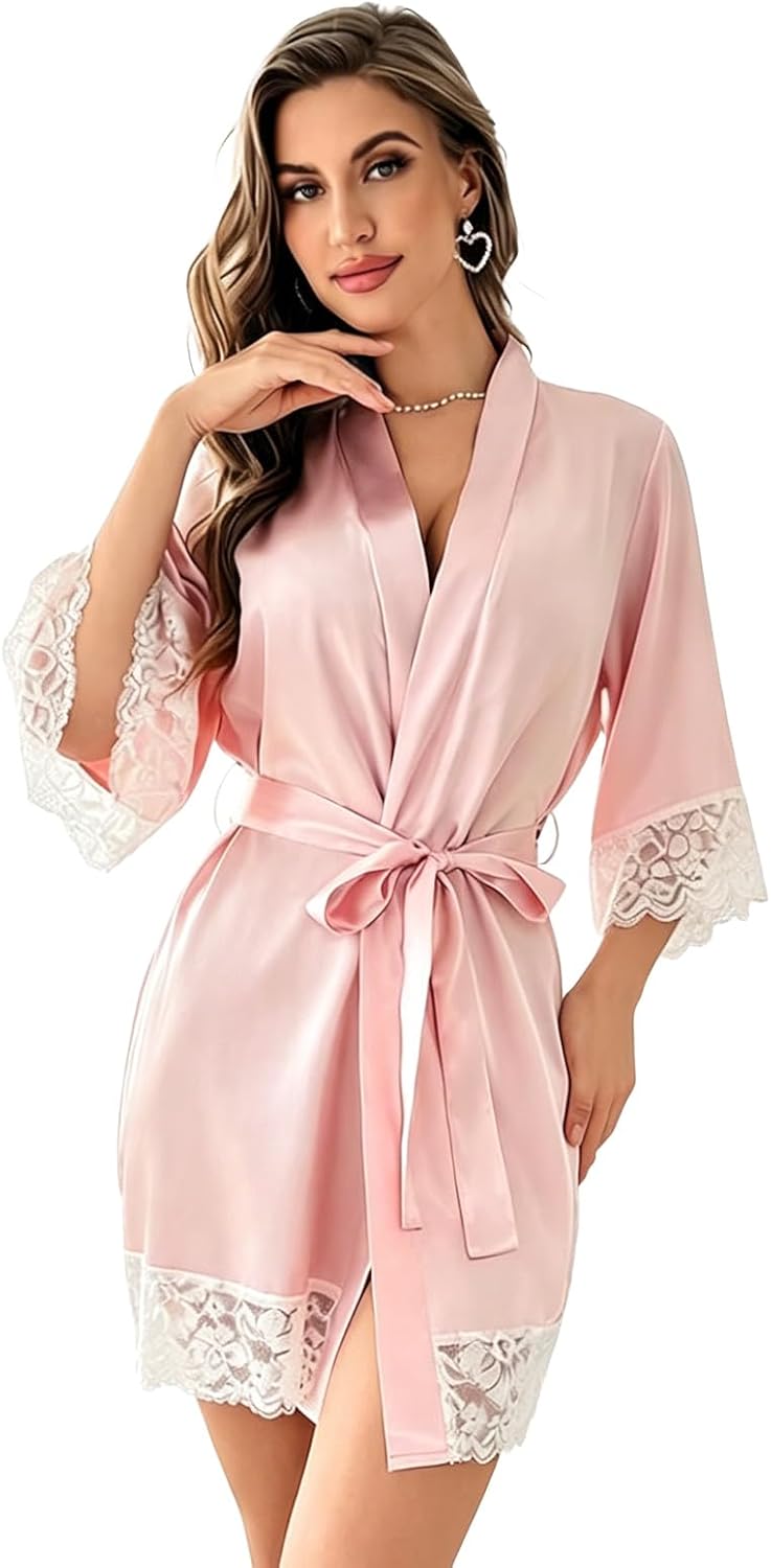 Womens Silk Robe Short Lace Trim Satin Robe 3/4 Sleeve Sexy Kimono Bride Bathrobe Comfy Sleepwear