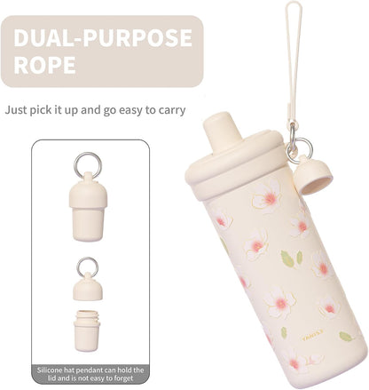 20 oz Thermo Cup with Straw, Thermal Insulated Car Cups with Hand Strap, Stainless Steel Cups with Leak-Proof Lid, Insulated Tumbler Ideal for Office, Travel and Outdoor Use (Peach Blossom)