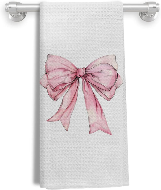 Pink Bow Coquette Kitchen & Bath Towels, Preppy Hand & Dish Towels, 16x24 Inches