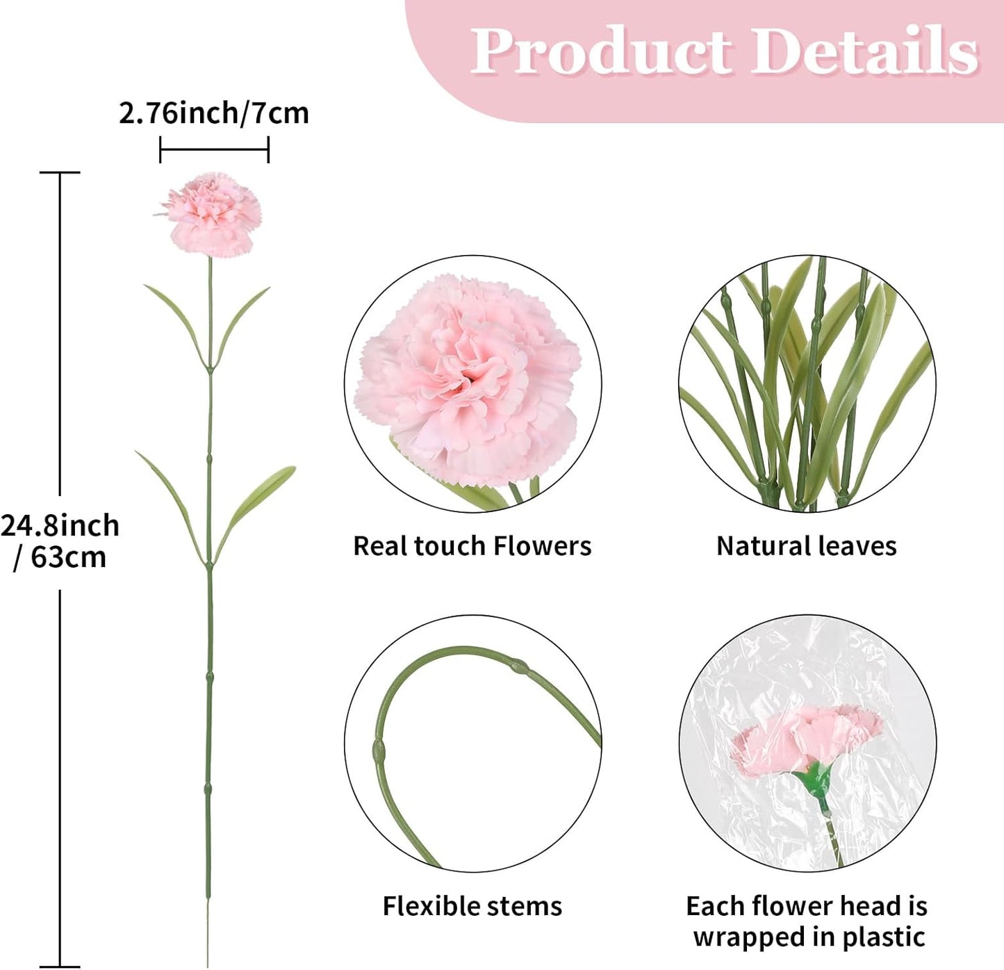 Champagne Carnations Artificial Flowers 8pcs 31.5inch Real Touch Flowers Fake Carnations for Floral Arrangements Home Wedding Dining Table Party Decor(Pink)