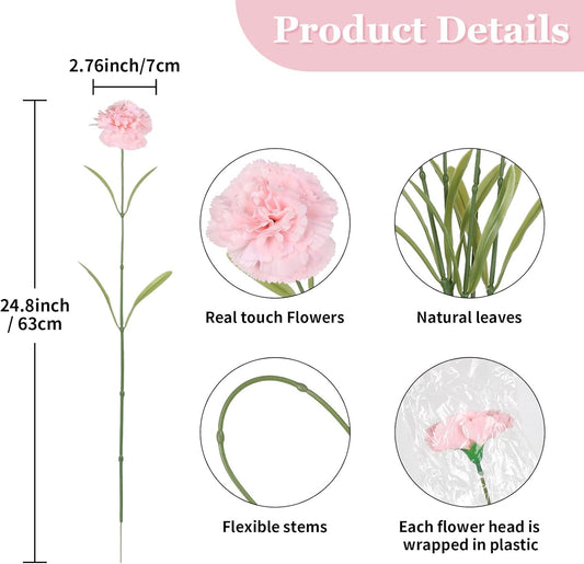 Champagne Carnations Artificial Flowers 8pcs 31.5inch Real Touch Flowers Fake Carnations for Floral Arrangements Home Wedding Dining Table Party Decor(Pink)