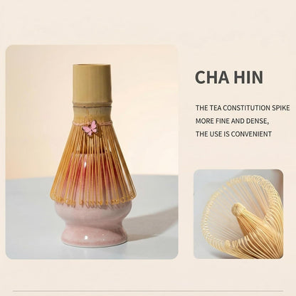 Matcha Whisk Set, 8 Pcs Japanese Ceremony Matcha Tea Powder Making Tools with Pink Bowknot Ceramic Bowl, Bamboo Whisk and Holder, Scoop, Strainer, Ideal for Mat-cha Lovers