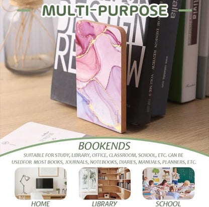 Wood Bookends Non-Slip Bookends Book Stand for Shelves Books/CD - Pink Marble Pattern
